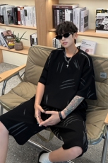 高品质猫爪布美式机车拉链套装夏季新款设计短袖短裤套装特P70，男装牛仔裤，电商B319