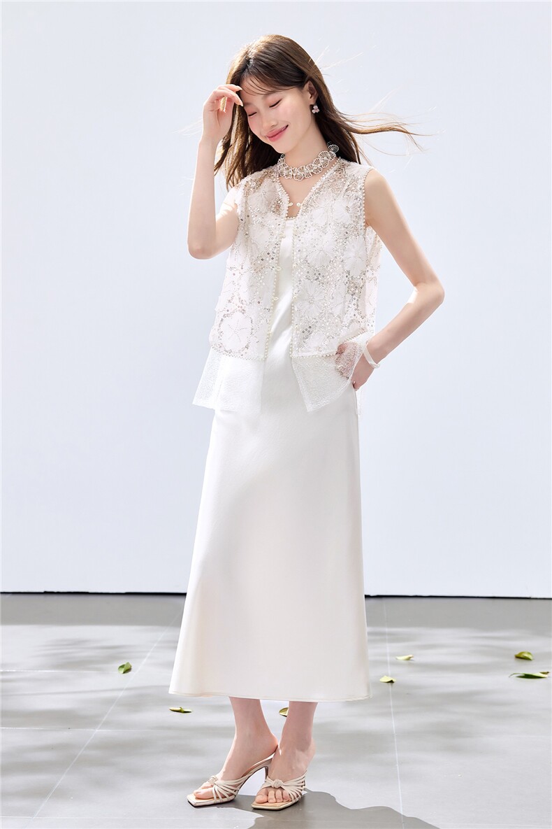 夏季新款现货！2026小清新重工盘花珍珠亮片马甲+珍珠缎面长裙女,女装套装/套裙,央宝儿