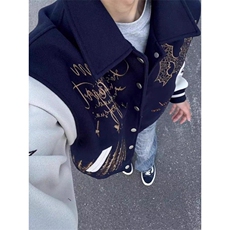 美式高街涂鸦刺绣棒球服外套男款秋冬潮牌宽松情侣装加厚夹克上衣，男装夹克，星座601-1