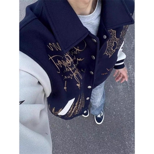 美式高街涂鸦刺绣棒球服外套男款秋冬潮牌宽松情侣装加厚夹克上衣图片