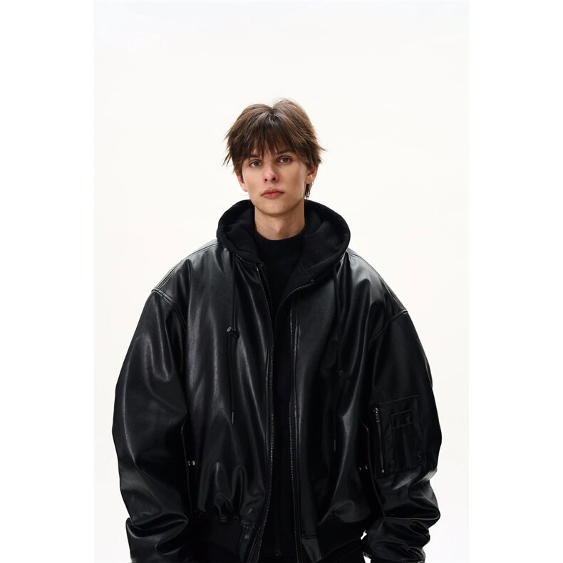 美式重磅bomber假两件拼接连帽加厚pu皮棉服外套男女棉衣,男装棉衣,星座1210-1