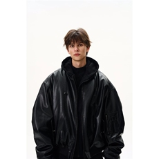 美式重磅bomber假两件拼接连帽加厚pu皮棉服外套男女棉衣，男装棉衣，星座1210-1