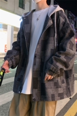 JK6007/P80春装新款牛仔撞色连帽格子夹克男潮大码外套上衣控118，男装夹克，电商A141