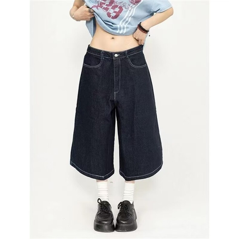 美式高街格子拼接刺绣牛仔短裤女夏季新款宽松直筒中裤阔腿七分裤,男装牛仔裤,星座1210-1