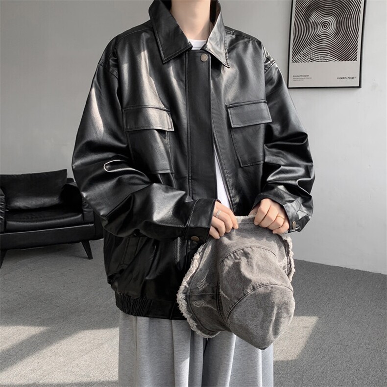 F676P68PU皮夹克翻领长袖复古时尚外套男生机车宽松型,男装夹克,星座512-6