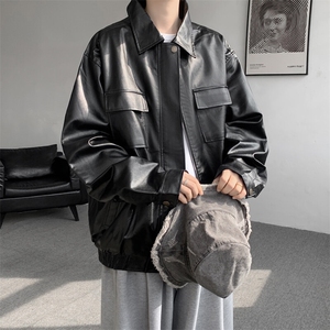 F676P68 PU皮夹克翻领长袖复古时尚外套男生机车宽松型图片