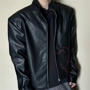 短款垫肩荆棘夹克外套男款美式高街立领棒球服机车服皮衣JKK18P80图片