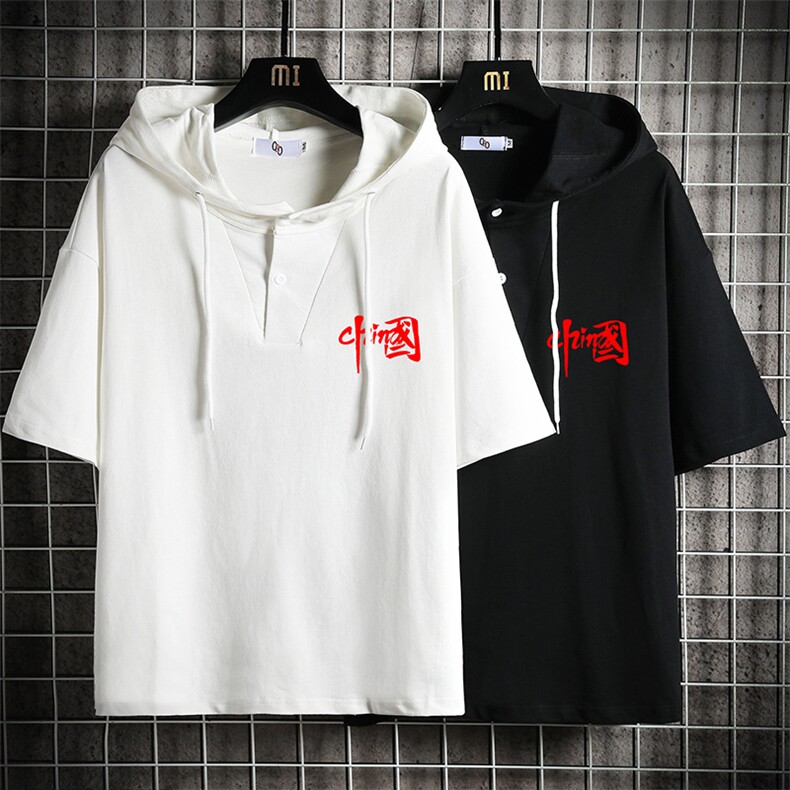 LD54276-P45连帽短袖t恤男大码胖子带帽五分袖中袖网格挂拍,男装T恤,电商A040A