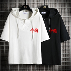 LD54276-P45连帽短袖t恤男大码胖子带帽五分袖中袖网格挂拍，男装T恤，电商A040A