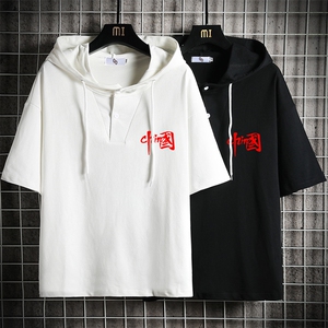 LD54276-P45 连帽短袖t恤男大码胖子带帽五分袖中袖 网格挂拍图片