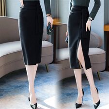 半身裙女中长款秋季高腰包臀裙设计感不规则开叉职业春秋一步长裙，女装半身裙，蓝诺裳