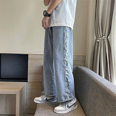 直筒牛仔裤男坠感阔脚九分复古chic港风ins潮牌宽松学生破洞裤子，男装牛仔裤，星座1008-1