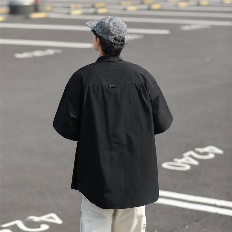 高级感机能工装短袖衬衫男女山系街头宽松休闲翻领半袖黑色衬衣,男装衬衫,星座1013