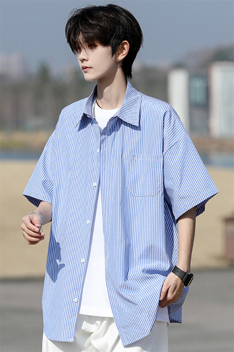 8XL-M条纹短袖衬衫男夏季宽松慵懒风痞帅大码衬衣外套DC28001P40,男装衬衫,电商B312