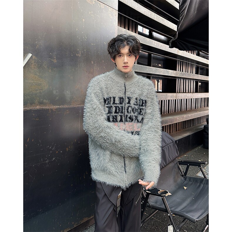 2025冬美式字母提花开衫毛衣慵懒风情侣针织衫外套A025-M041-P75,男装针织衫/毛衣,电商A025