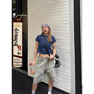 网图美式复古多口袋工装短裤男女宽松水洗直筒五分裤DN104-P60图片