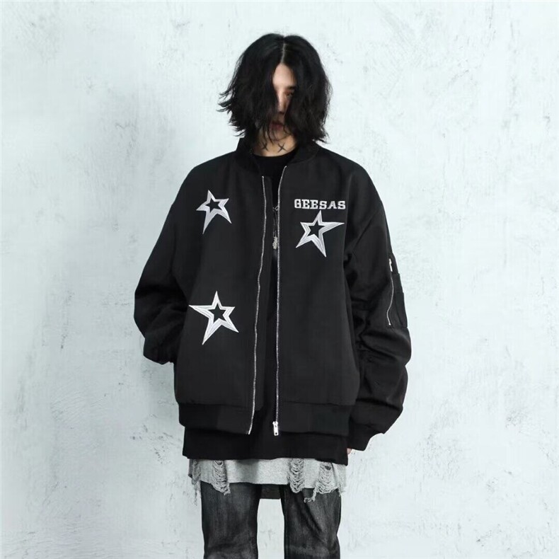 美式复古潮字母星芒刺绣棒球服街头嘻哈立领休闲宽松外套JKK05P65图片