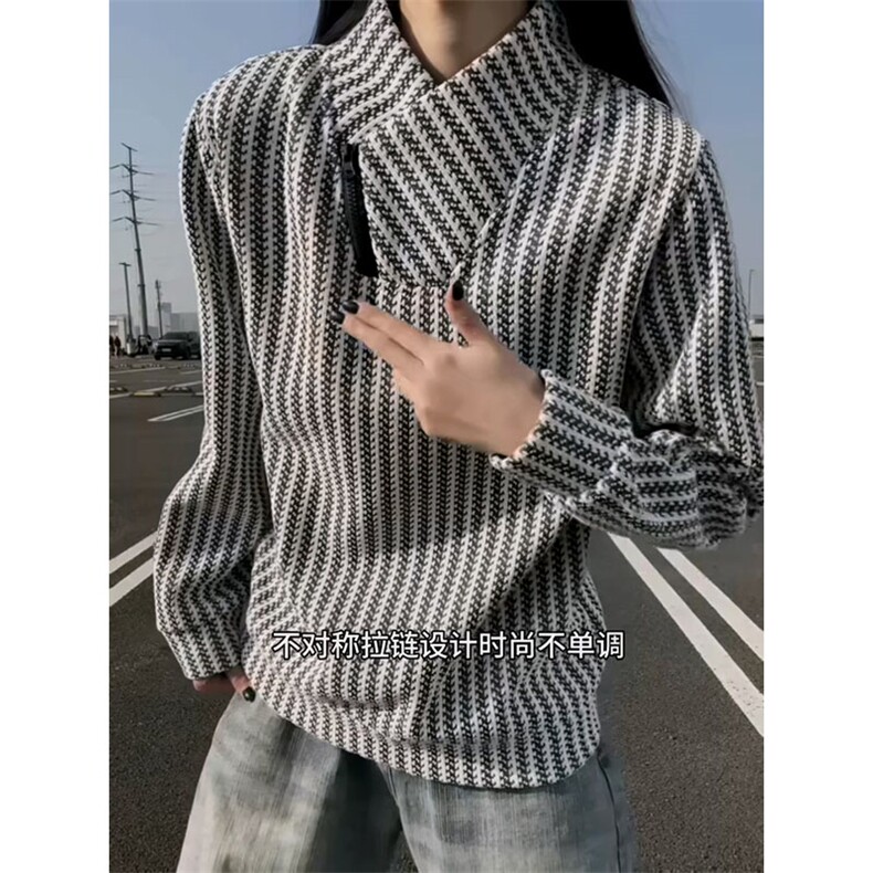 高品质春装新款老钱风美式高街鱼骨纹斜拉链解构高领卫衣长袖t恤,男装T恤,电商A486-1