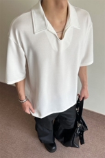 白色麦穗纹海鸥领Polo衫男款夏季美式v领t恤高级感cleanfit五分袖，男装T恤，电商A003