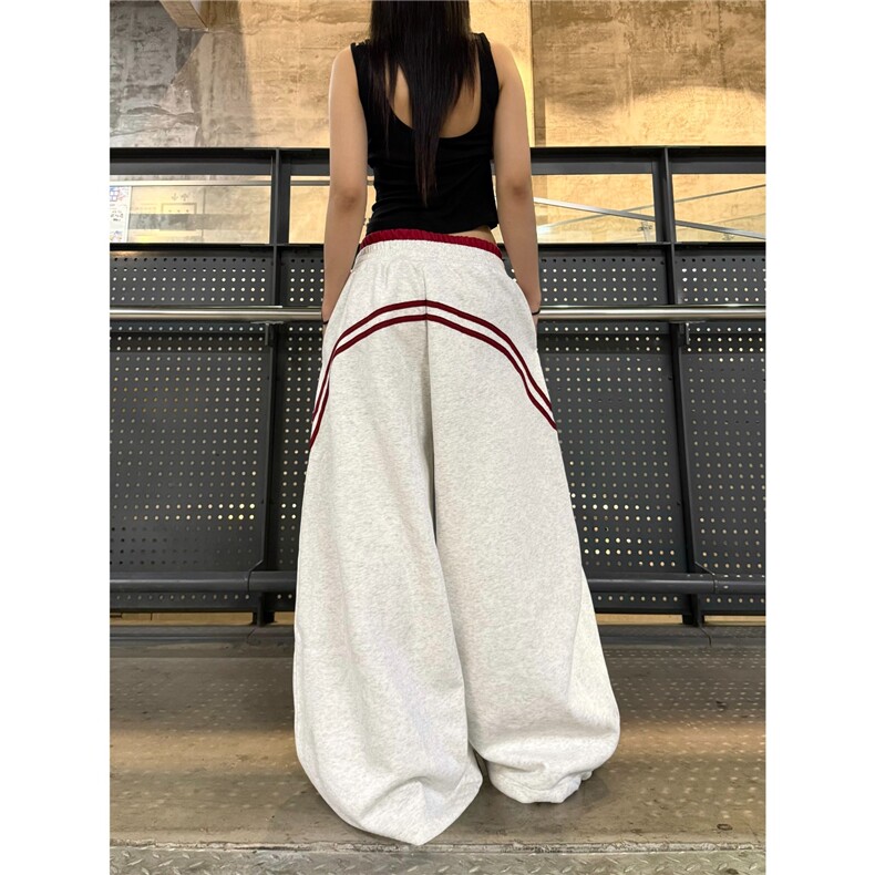美式双腰头挂件弯刀卫裤男女杠条拼接宽松拖地阔腿裤潮CB3161,男装休闲裤,星座516A