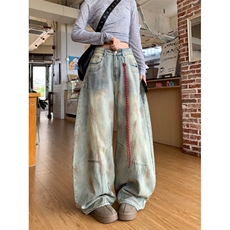 美式脏染水洗做旧直筒牛仔裤男女微喇vibe风复古宽松阔腿长裤拖地，男装牛仔裤，星座506A
