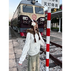 77lin美式复古烫钻星星毛领连帽开衫卫衣女秋季慵懒感设计外套潮，女装短外套，星座506A