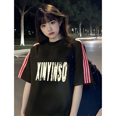抖音得物品质二开240克宽松纯棉美式潮牌印花三条杠中性风短袖T恤，男装T恤，电商A486-1