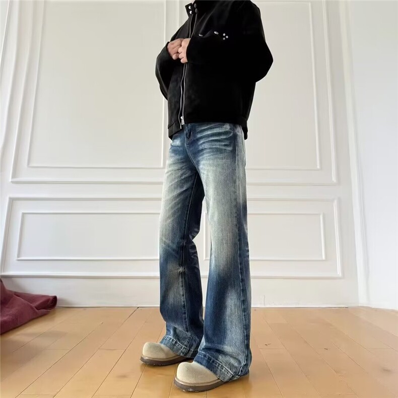 美式高腰微喇牛仔裤男秋冬新款设计感宽松显瘦阔腿拖地裤NZT866,男装牛仔裤,星座516A