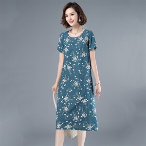 2021年夏季中长款通勤A字裙旗袍妈妈装连衣裙印花圆领套头裙子,黄色围巾搭配藏青色好看吗图片