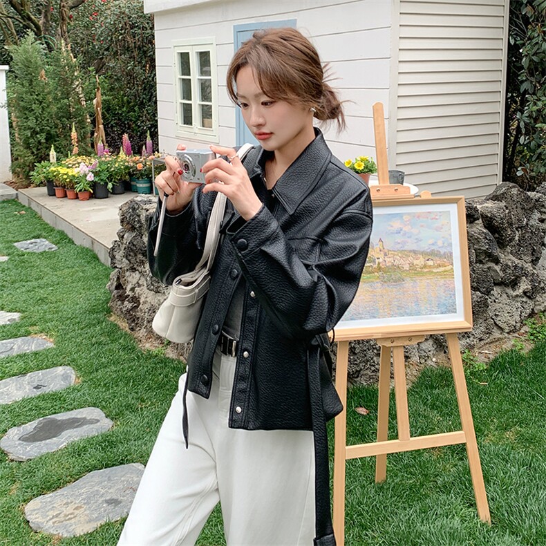 独特漂亮黑色系带皮衣外套女2025春季新款又a又飒时尚显瘦上衣潮,女装短外套,2C206