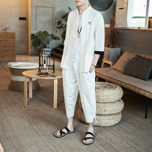 夏季新款中国风大码套装男装亚麻七分袖衬衫宽松休闲裤TZ073/P100图片