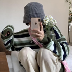 条纹复古小众圆领套头针织衫毛衣女2025春秋宽松上衣外套潮SW722，男装针织衫/毛衣，星座516A