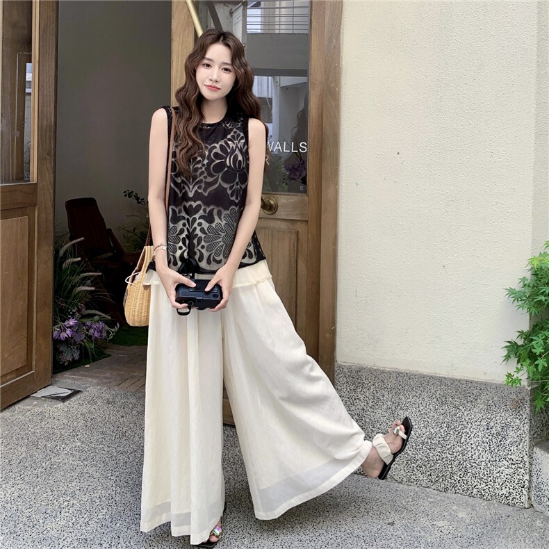 黑色镂空提花背心套装女2025夏季新款松弛感穿搭气质阔腿裤两件套,女装套装/套裙,2C323