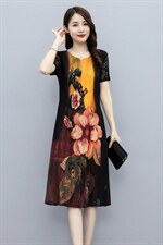 2022新款夏装韩版时尚潮流百褶压皱超弹大花色显瘦连衣裙，女装连衣裙，施恩睿棋