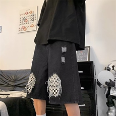 夏季高街潮牌休闲五分裤子破洞棋盘格牛仔短裤男K3837-P36，男装牛仔裤，星座512-2