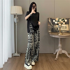 时尚减龄套装女夏季新款宽松显瘦圆领印花侧边拉链短袖长裤两件套，女装套装/套裙，江南