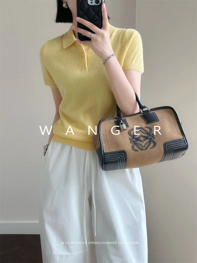 新品纯色女翻领polo衫短袖短款,女装T恤,半城羊绒