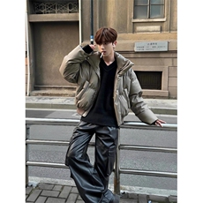 现货冬季三防重磅硬挺boxy短款羽绒刺绣立领PU皮棉衣外套加厚棉服，男装棉衣，电商A486-1