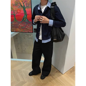 现货 自制 蓝色格子拼接翻领长袖情侣款男女假两件衬衫 CX03-p45图片