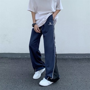 美式复古条纹拼色运动裤子男女夏季宽松小众高街情侣休闲裤图片