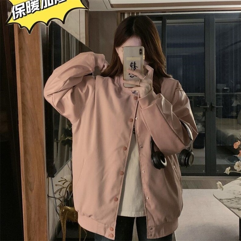 美式棒球服夹克上衣2024冬季粉色加厚 B508 P68图片