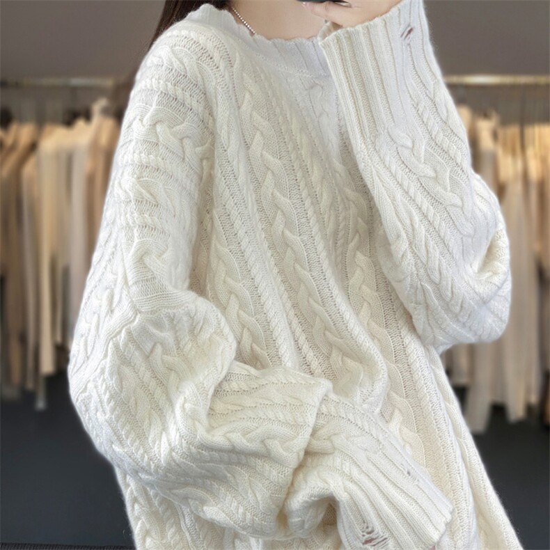 重磅加厚扭花圆领100%纯羊毛衫女23秋冬慵懒风宽松羊绒针织衫毛衣,针织衫/毛衣,艾驰羊绒