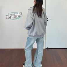 2025美式假两件连帽拼接加绒卫衣开衫男女宽松冬cleanfit休闲外套，女装短外套，星座516A