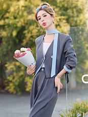 蓝色西装西裤两件套女春秋季2025超火独特漂亮高级感韩系休闲套装，女装套装/套裙，火爆靓佳人