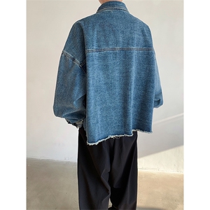 春季美式复古朋克金属装饰下摆毛边潮流牛仔外套JK014 P115图片