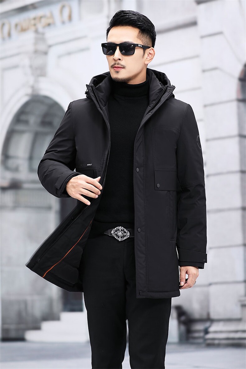 秋冬新品简约保暖中长款连帽纯色休闲鸭绒羽绒服男KCN3017-5-P315,男装羽绒服,电商B212（原钱塘6029）