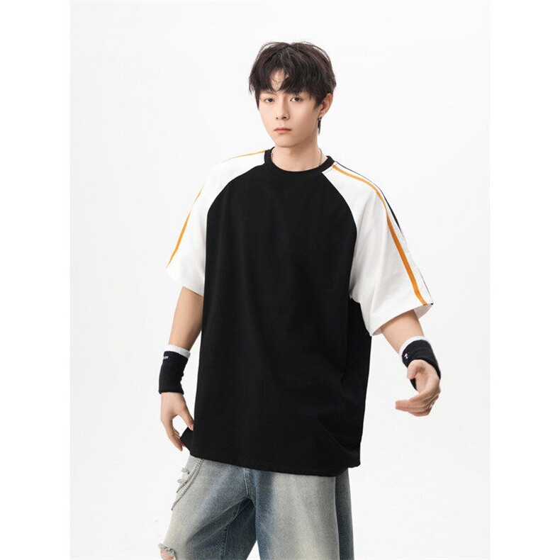 纯棉夏季新款港风日系拼色拼接圆领短袖T恤XZ608-T2517-P35控48,男装T恤,星座608(原A046)