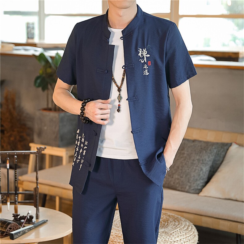 夏季套装男士开衫两件套风复古唐装名族风T恤A334-TZ009-P65,男装民族服装,电商B339(原A334）