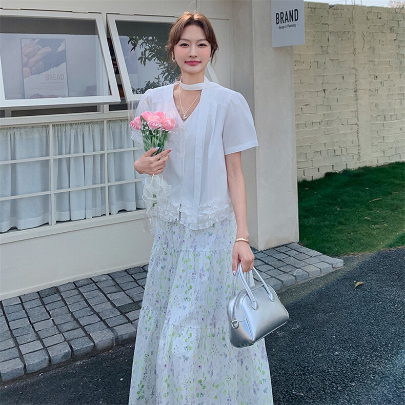 韩版温柔系甜美休闲衬衫套装女2025夏季新款显瘦碎花半身裙两件套,女装套装/套裙,浙宝305