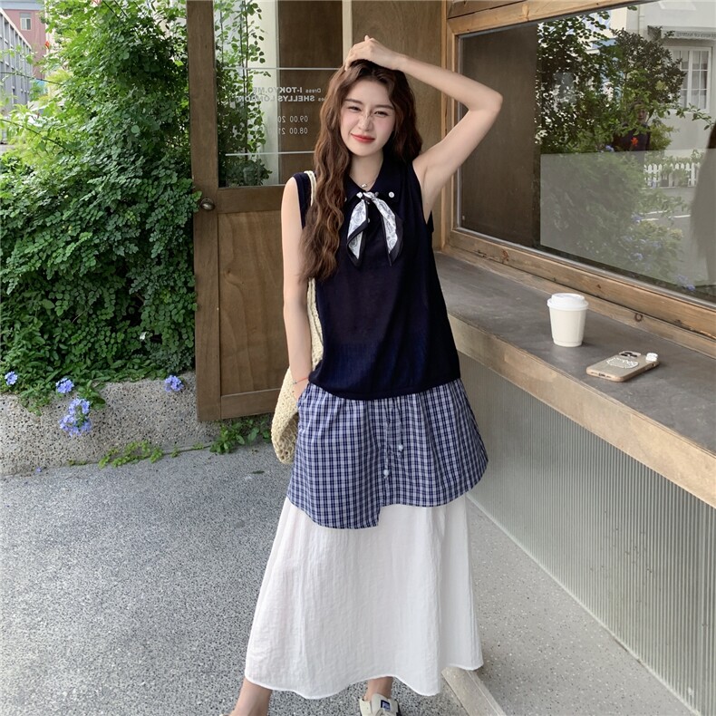 新款2025夏飘带针织衫+拼色格子半身裙套装6121-P165-K248,女装套装/套裙,2C057